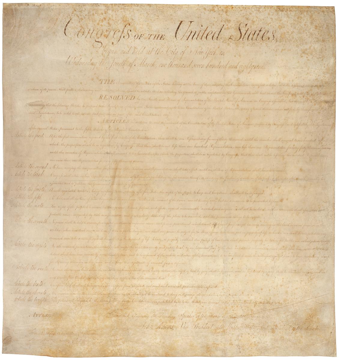 Documento original da Bill of Rights, com as dez primeiras emendas à Constituição dos Estados Unidos