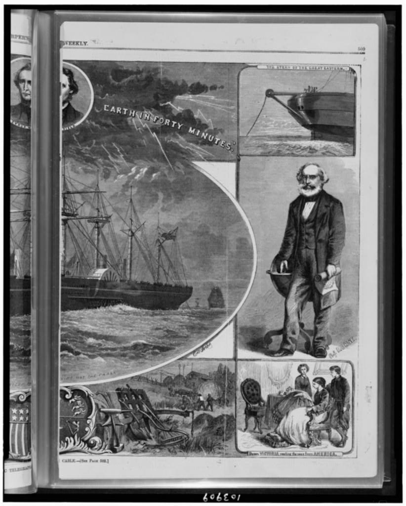 Cabos submarinos em Carcavelos: de 1870 ao 2Africa Gravura histórica de 1865 com cenas de comunicações através do cabo telegráfico atlântico