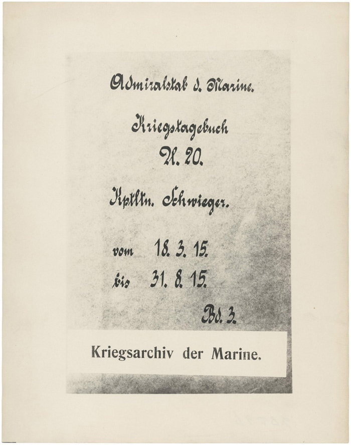 Página de rosto do diário de bordo de Walther Schwieger que regista o afundamento do Lusitania