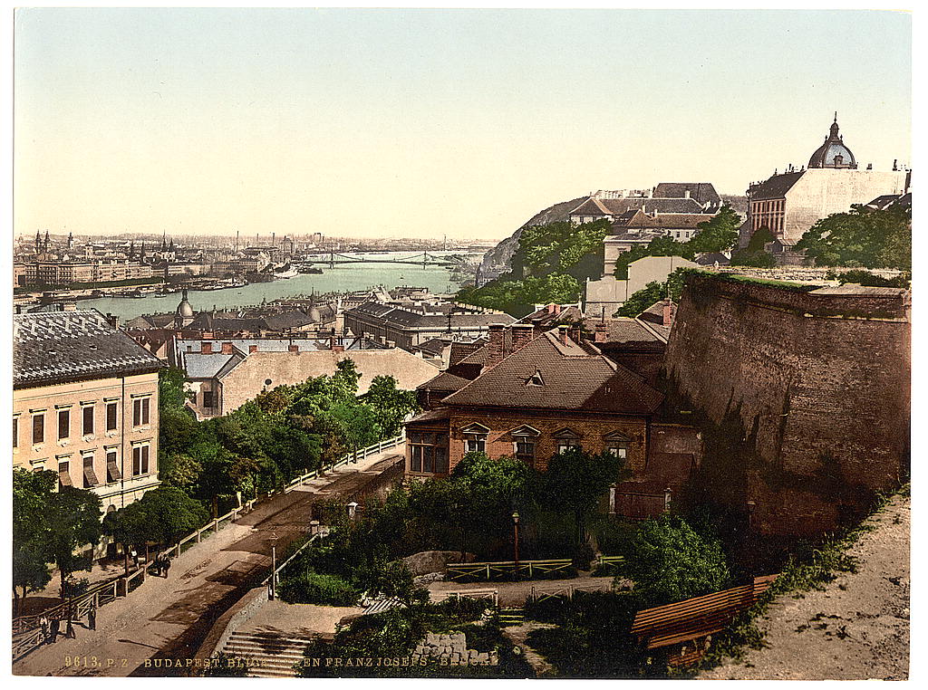 Ponte Francisco José e via de acesso em Budapeste, num fotocromo do final do século XIX
