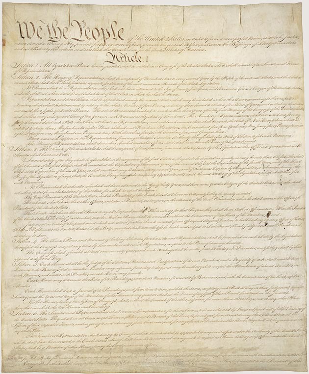 Primeira página da Constituição dos Estados Unidos, com o artigo I sobre o Congresso