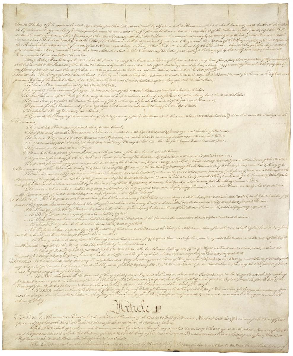 Segunda página da Constituição dos Estados Unidos com disposições sobre o poder presidencial
