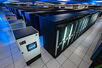 Corredor do supercomputador Pleiades da NASA, ilustração da infraestrutura de computação e da inteligência artificial nos bancos