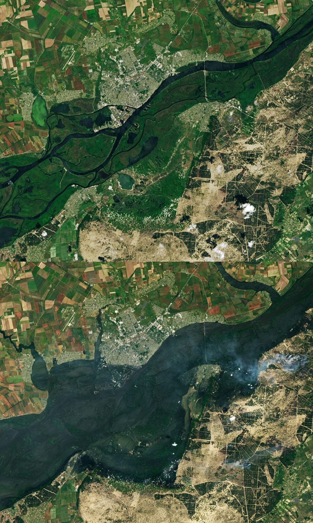 Dnipro junto de Kherson antes e depois das cheias de junho de 2023, enquadramento geográfico de Oleshky