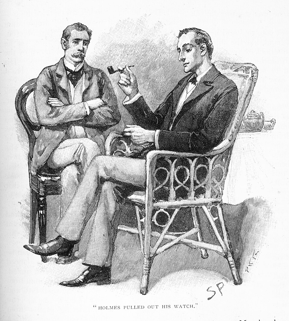 Holmes e Watson numa ilustração de Sidney Paget para O Intérprete Grego