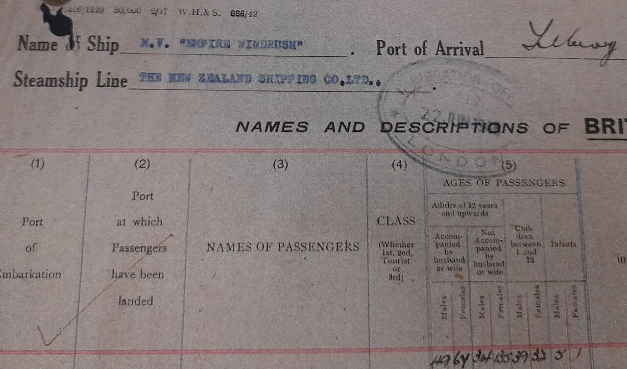Cabeçalho da lista de passageiros do Empire Windrush em Tilbury, em junho de 1948